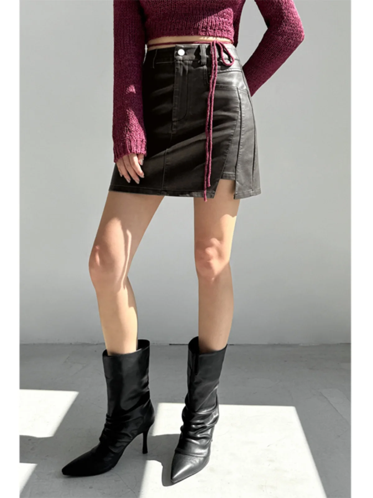 

Карамельная юбка из искусственной кожи с высокой талией, А-силуэт, для модных женщин, осень-зима, новинка, короткая юбка, облегающая юбка