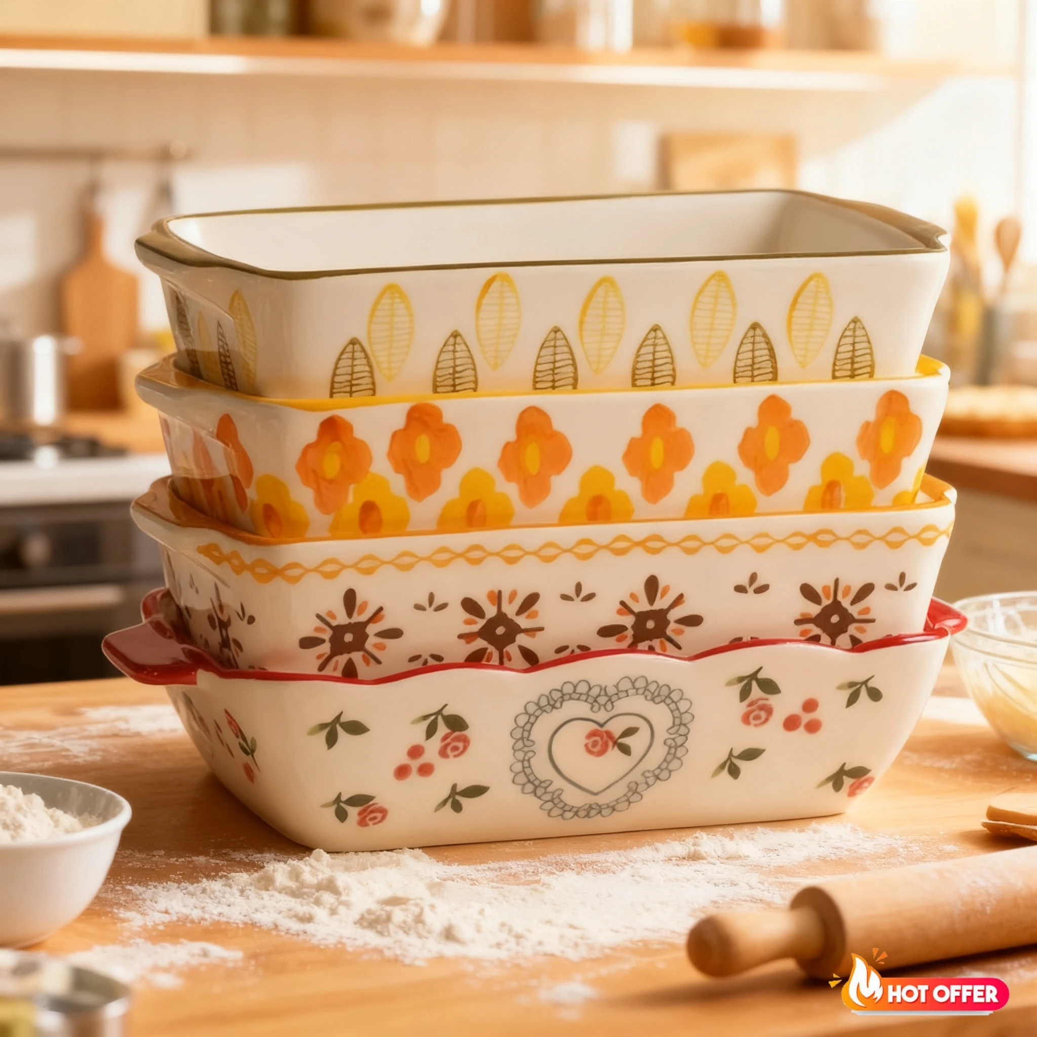 Rechteckige ovale Backform mit Griff, Keramik-Backform, Braten, Lasagne-Pfanne, Küche, Salat, Käse, Backform, Blumen