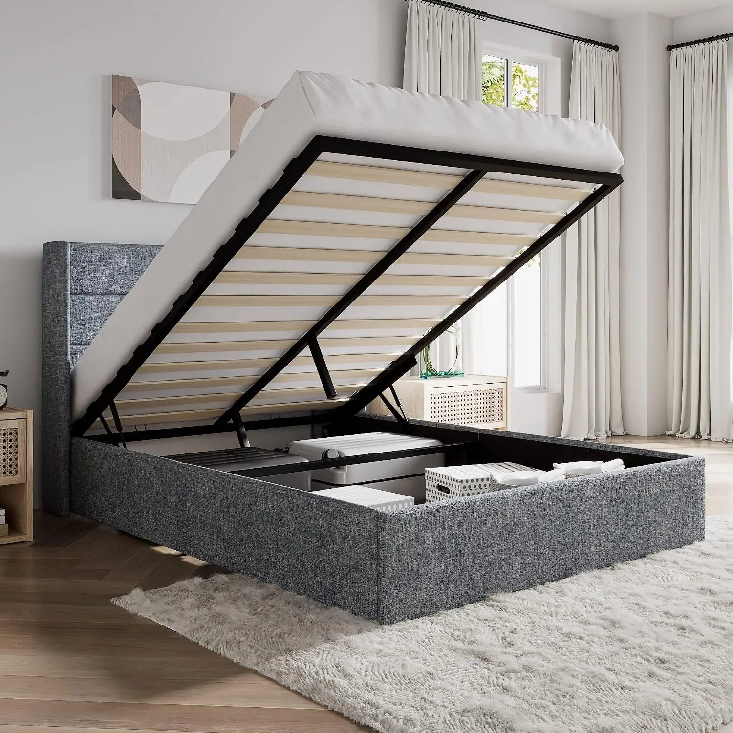 Queen Size Lift Up Hydraulic Storage Bed Frame Blue Grey, Customized
