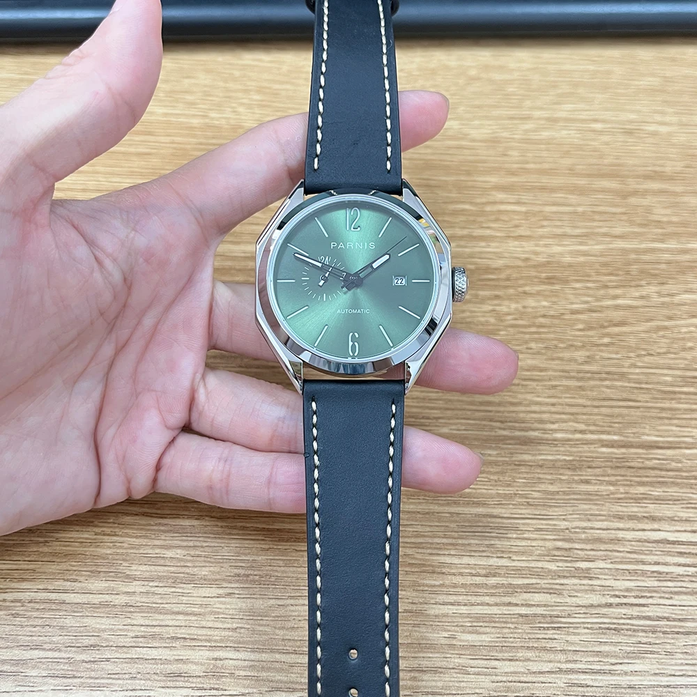 New Arrival Parnis 43mm Green Dial Automatic Mechanical Men Watches Leather Strap Sapphire Crystal Watch For Men reloj hombre