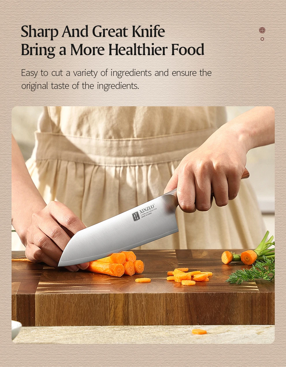 XINZUO Hochwertiges Edelstahl 7,2'' Santoku-Messer 3-Schicht-Verbundstahl Schneidemesser Küchenmesser mit Rotem Holzgriff – Detail 8