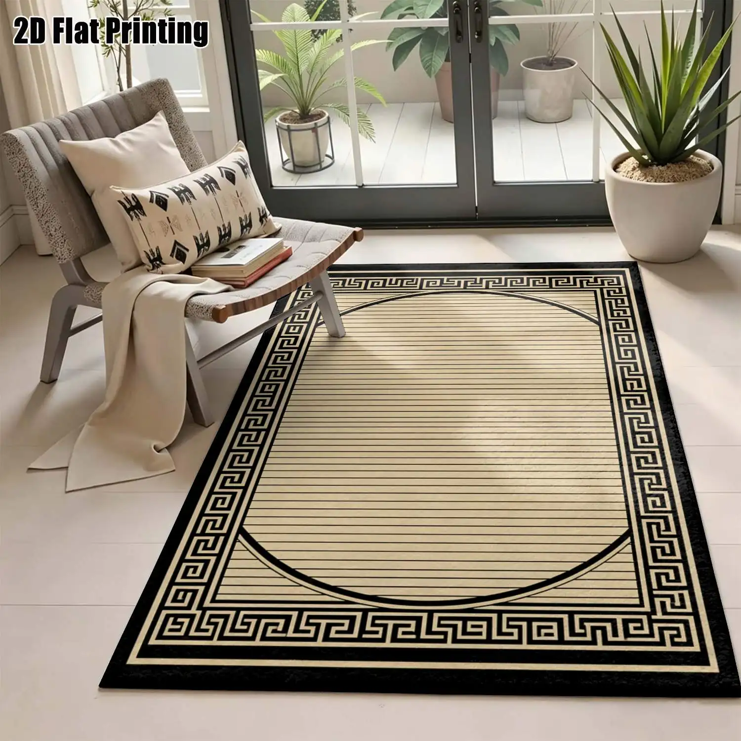 1Pc 2D Printed Beige Geometric Line Vintage European Carpet, Multi-Size Machine-Washable Home Decor for Entrance, Dining Room, Foyer, Bedroom, Living Room