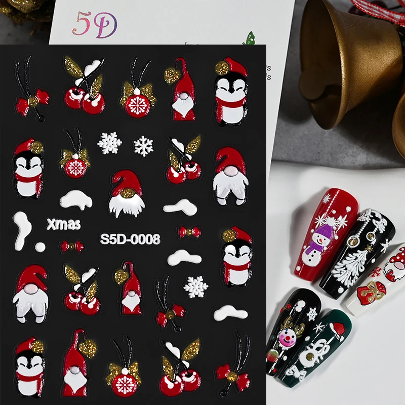 5d Reliëf Acryl Sneeuwvlok Bell Xmas Nail Sticker Goud Zilver Poeder Kerst Lijm Sliders Winter Nieuwjaar Nail Decals