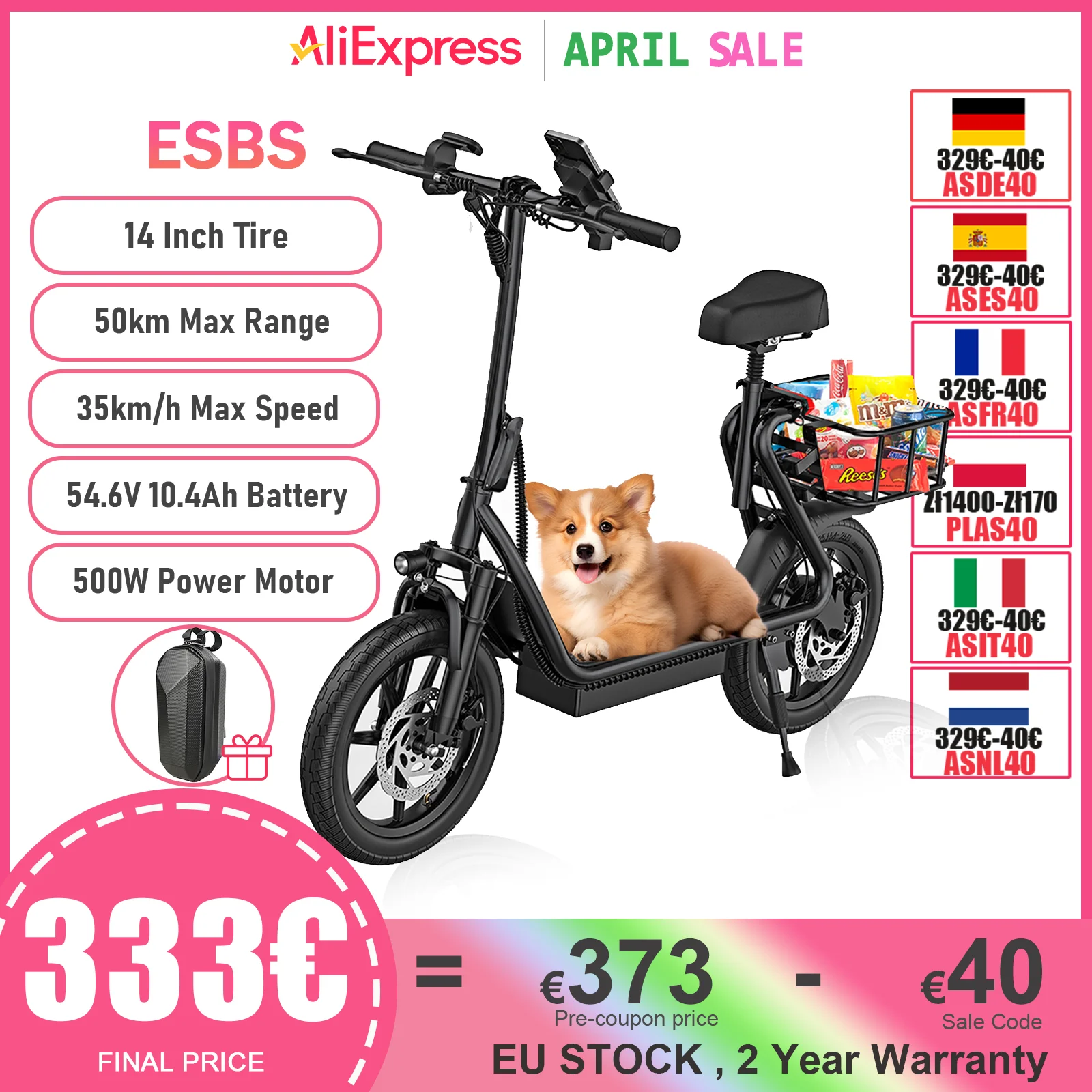 JUICEASE ESBS 14 Inch Electric Scooter 54.6V 10.4Ah 500W 35KM/H Range 50KM Folding Lightweight Scooter with Seat and Basket