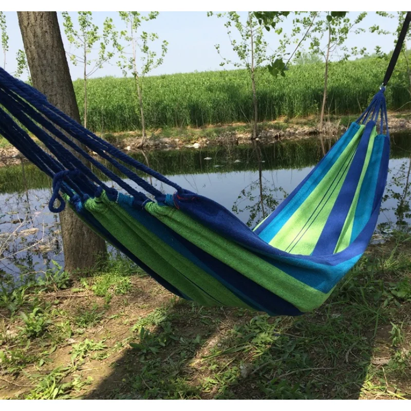 Portable Canvas Hammock with Anti-Rollover Design, Breathable & Stable Knots, Vibrant Blue & Green Stripes, Perfect for Garden,