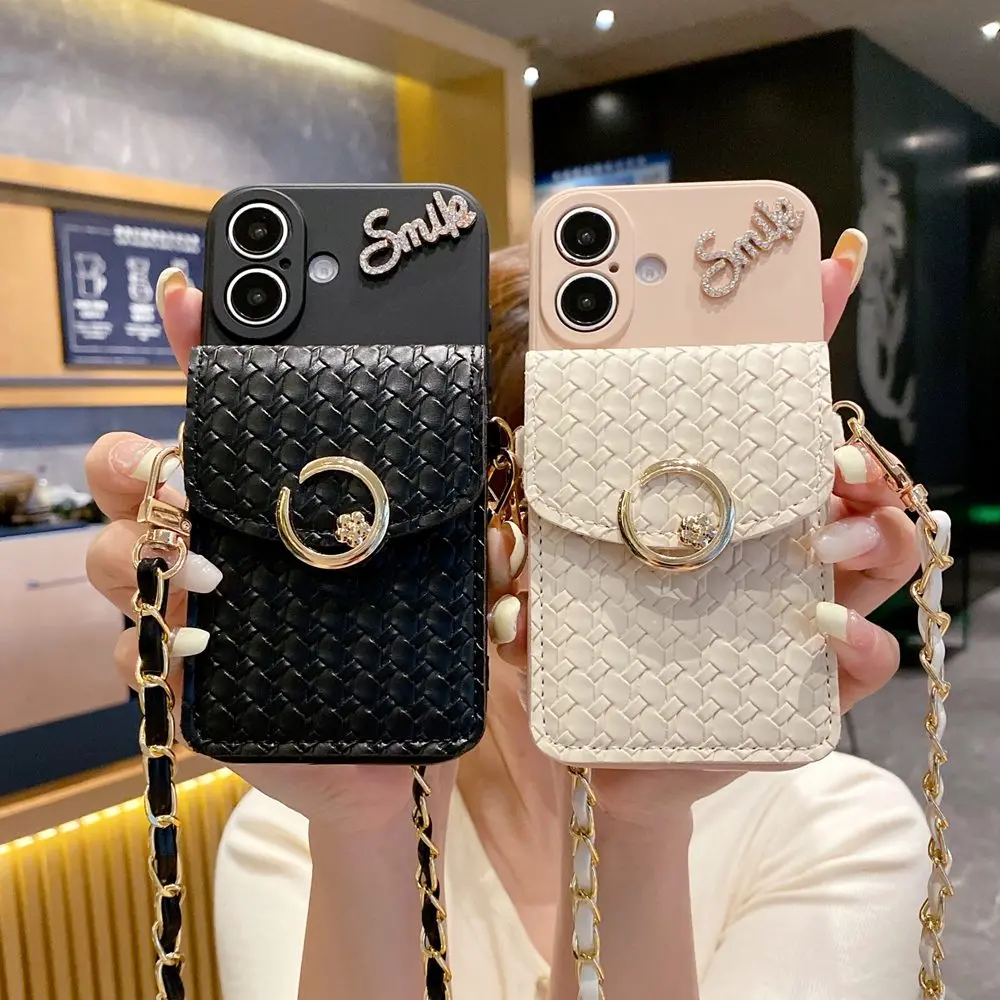 

Luxury Woven Pattern Wallet Card Holder Phone Case for iPhone 16 11 12 13 14 15 Pro Max Card Bag Crossbody Strap Lanyard Cover