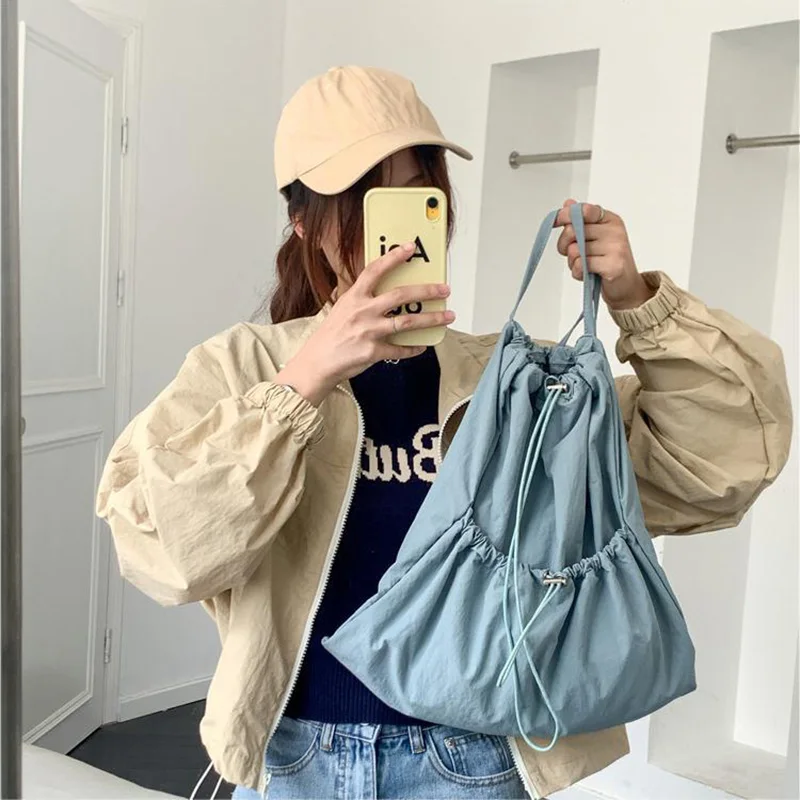 Korean Style Large Capacity Light Soft Nylon Bag Women Outdoor Casual Drawstring Backpack Sport School Bookbag Tote Bag