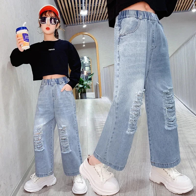 

Fashion Ripped Jeans For Girls Spring Autumn Denim Trousers Children Korean Teenage Loose Pants Girls Clothes 5-14 Years