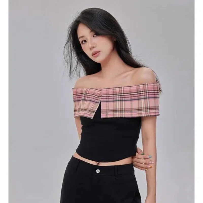 2024 Summer New Design Sense Retro Sweet and Spicy Off Shoulder One Shoulder Top Women's High End Plaid Spliced Slim Fit T-shirt