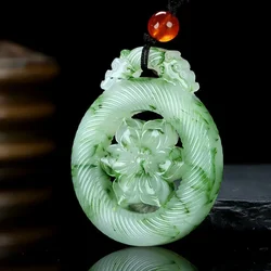 Natural Blue and White Hand Carved Lotus Jade Pendant Fashion Boutique Jewelry Men's and Women's Flower Rich Necklace Accessorie
