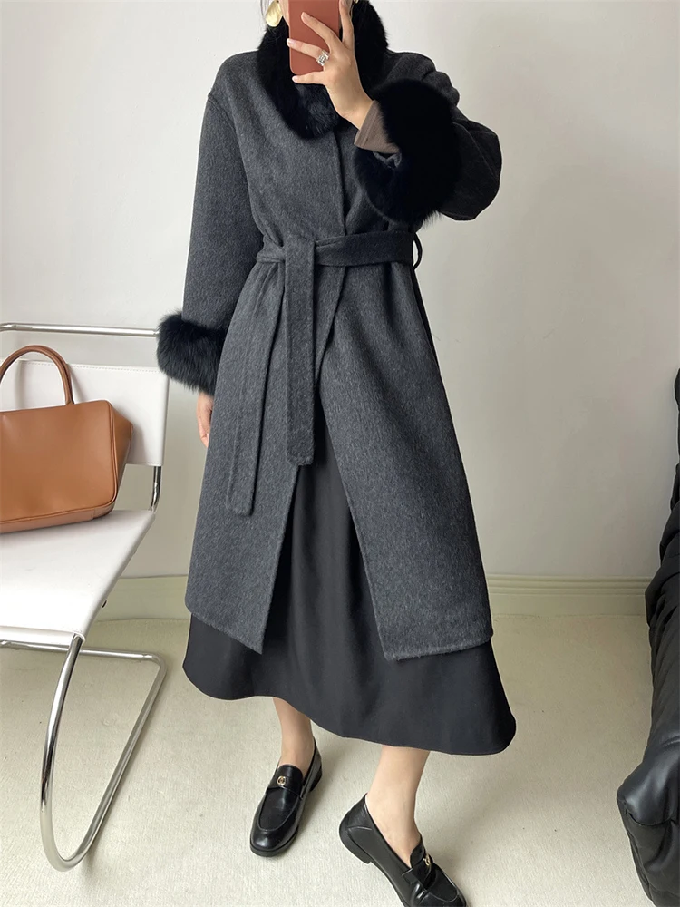 [LANMREM] Luxury Lace-up Gathered Waist 100% Wool Coats Women Fur Collar Design Warm High End Outwear 2024 Winter New 26D6720