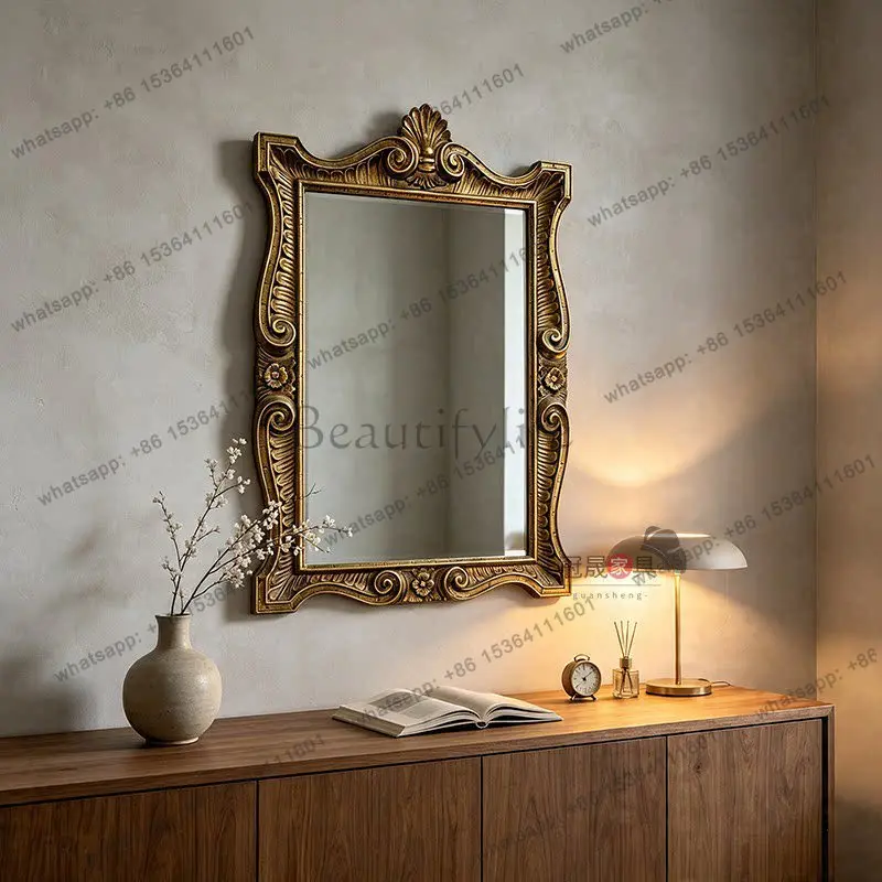 French retro style carved bathroom mirror wall-mounted European special-shaped American living room background decorative mirror