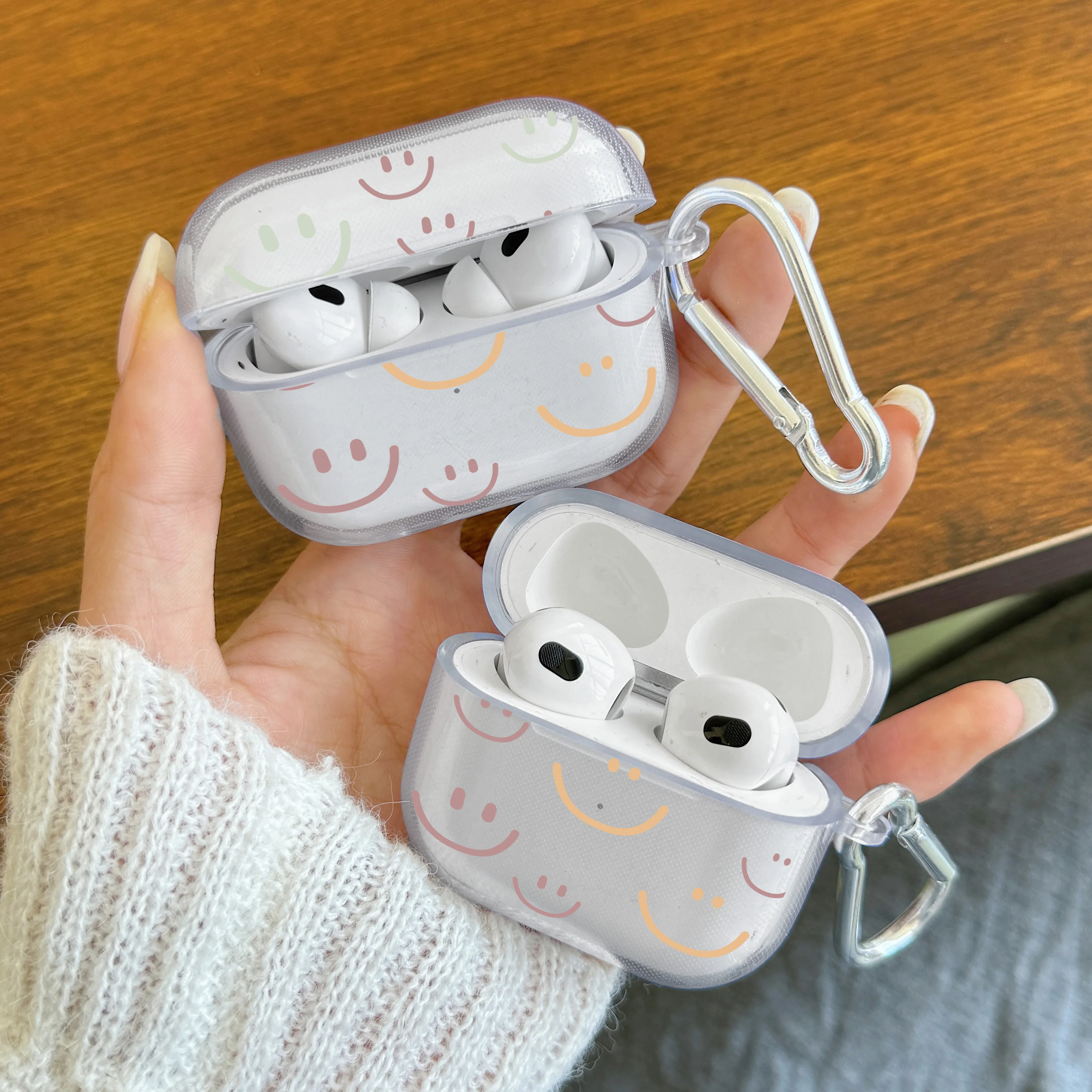 Étui pour écouteurs en silicone TPU transparent pour AirPods 3/4, visage souriant coloré mignon pour Airpods Pro, Pro2 avec housse de protection porte-clés