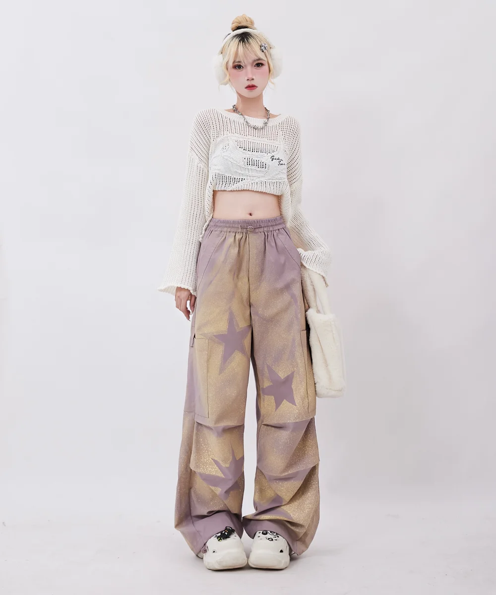 College Girl Y2k Fashion Cargo Pants Women Autumn American High Street XINGX Inkjet Design Wide-Leg Pants Student Loose Trousers