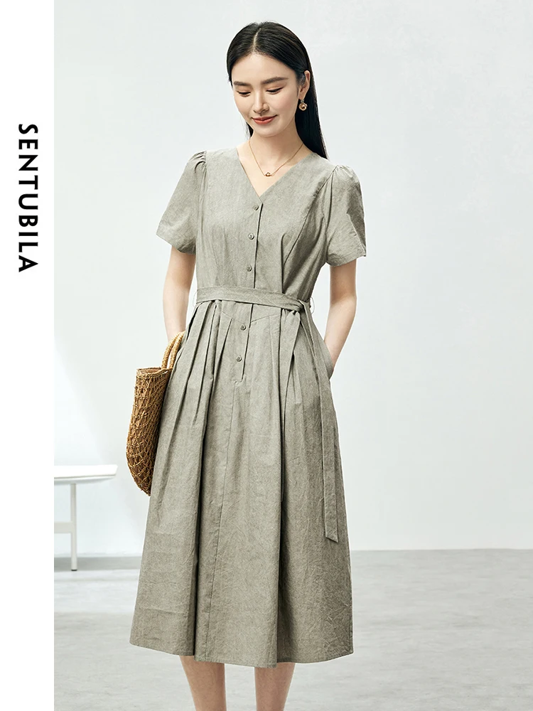 

SENTUBILA Casual 100% Cotton Dresses for Women's 2024 Summer V Neck Short Sleeve Lace Up Dress Women Clothing 142L54163