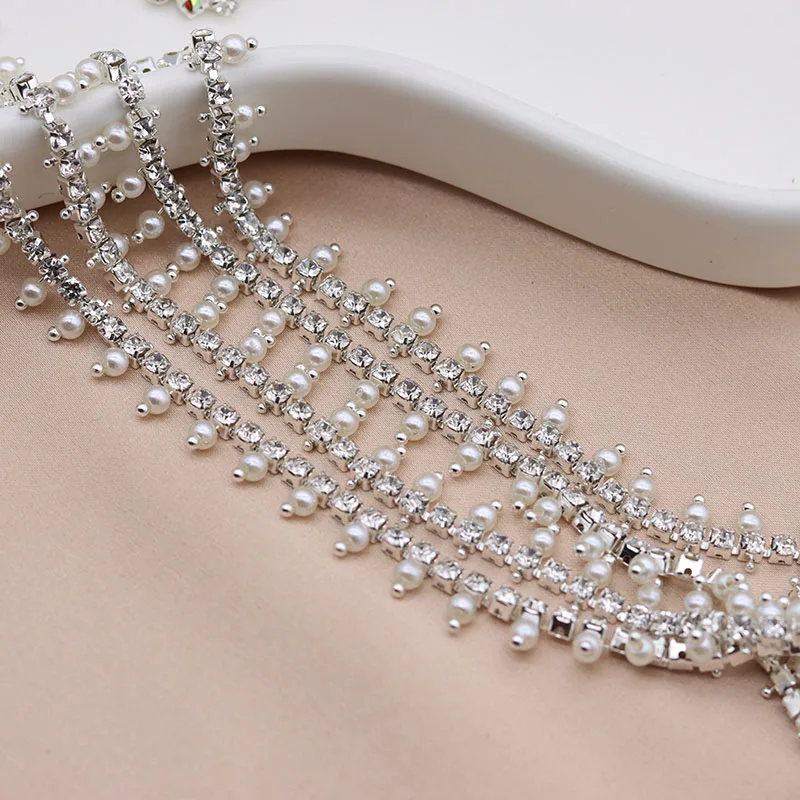 New Style Pearl Rhinestone Cup Chain Sew on Rhinestone Mesh Trim for Wedding Dress Shoes Bags Jewelry Decoration