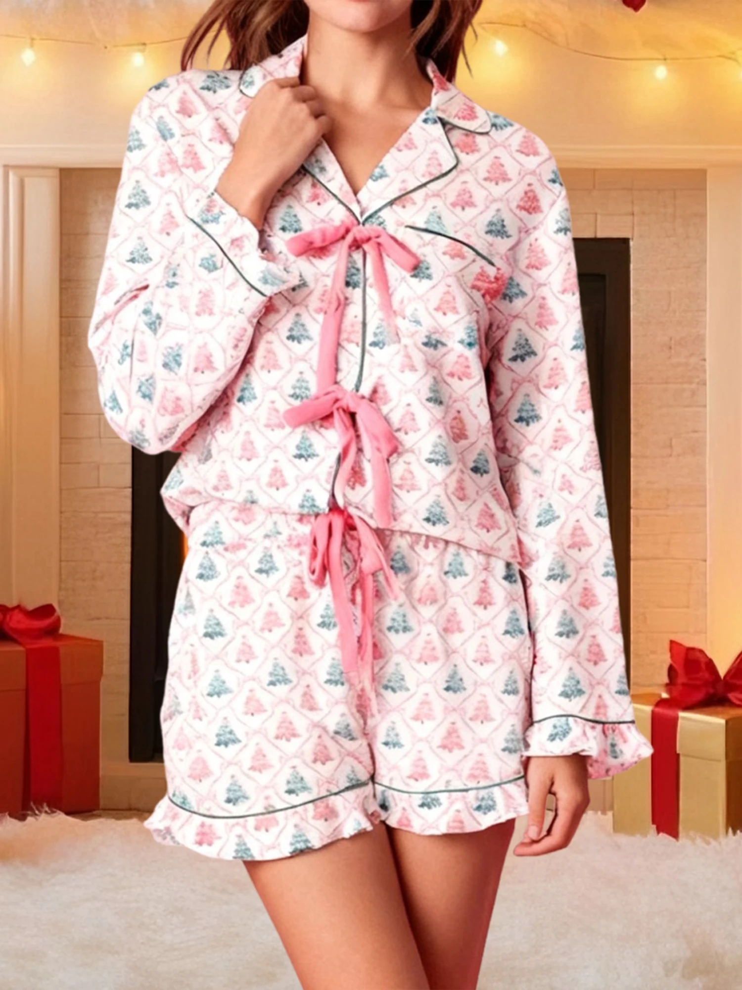 

Женская праздничная пижама из двух предметов, очаровательный комплект с длинными рукавами и принтом оленей, топ и брюки с завязками спереди, уютная одежда для дома, наряд