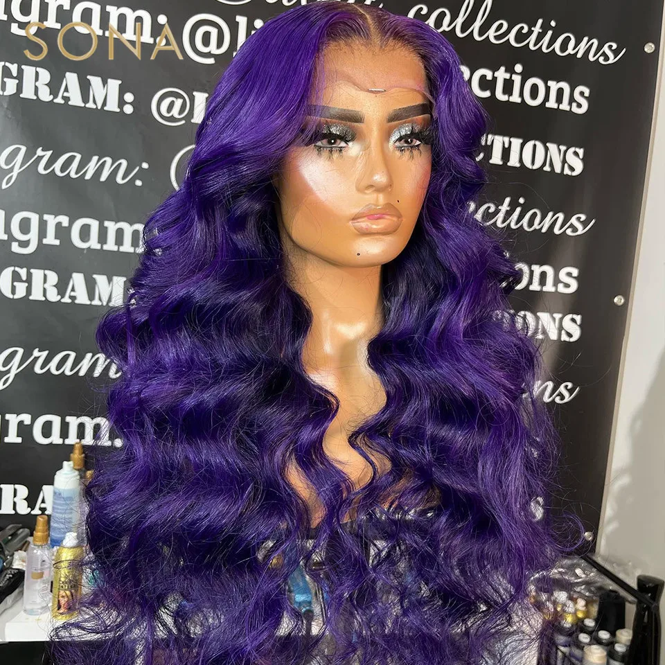 

13x6 HD Transparent Lace Frontal Wig Dark Purple Colored Body Wave Lace Front Human Hair Wigs For Women Pre Plucked