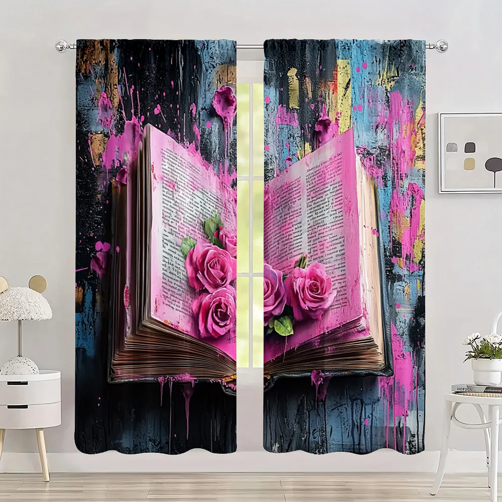 

2pc, Background Curtain Doodle Rose Books Versatile Fabric,Without Electricity Festive Curtains Use for Yard & Garden, No Power