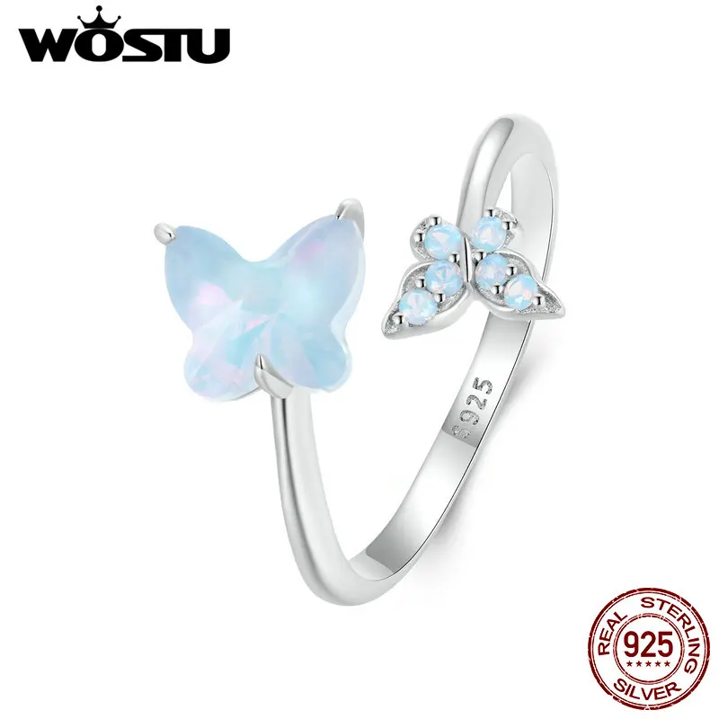 WOSTU Real 925 Sterling Silver Ice Blue Butterfly Adjutable Ring Women Fire Opal Stone Insect Exquisite Party Rings Wedding Gift