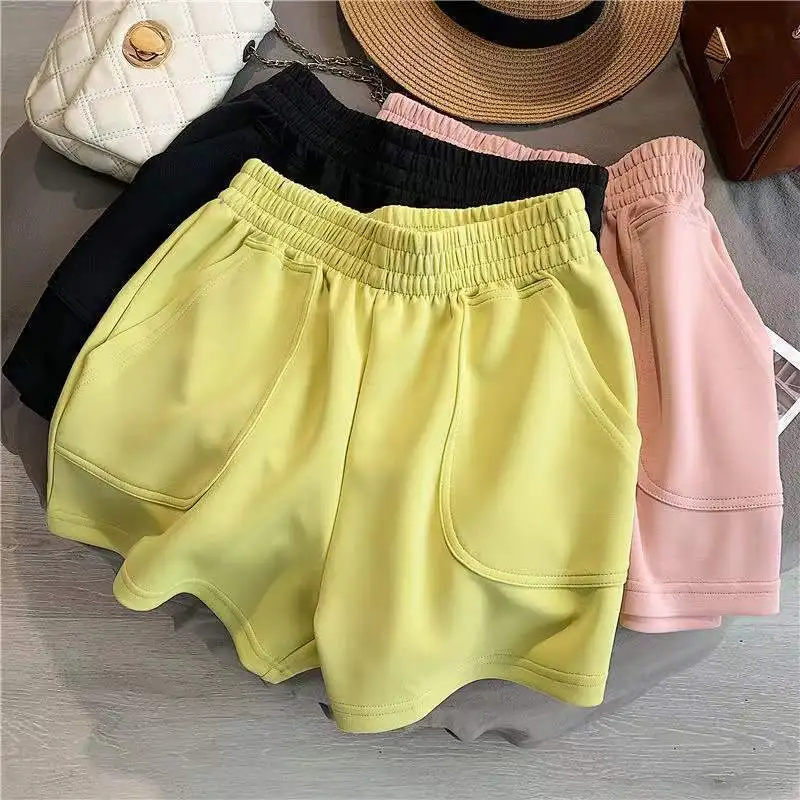 Women\'s Shorts With Pocket Summer Solid Color High Waist Hot Pants Casual Loose Sports Pants Elastic Waist Girls Cycling Shorts