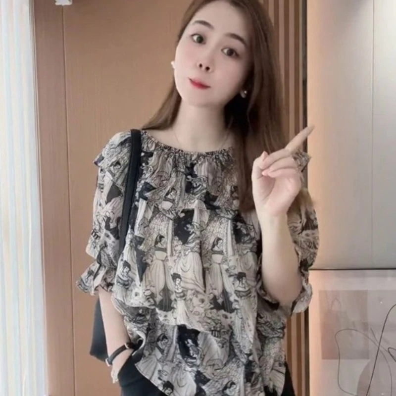 Women\'s Shirt and Blouse Loose with Print Chiffon Summer Female Tops Japanese Harajuku Fashion Elegant Social Korean Style Basic