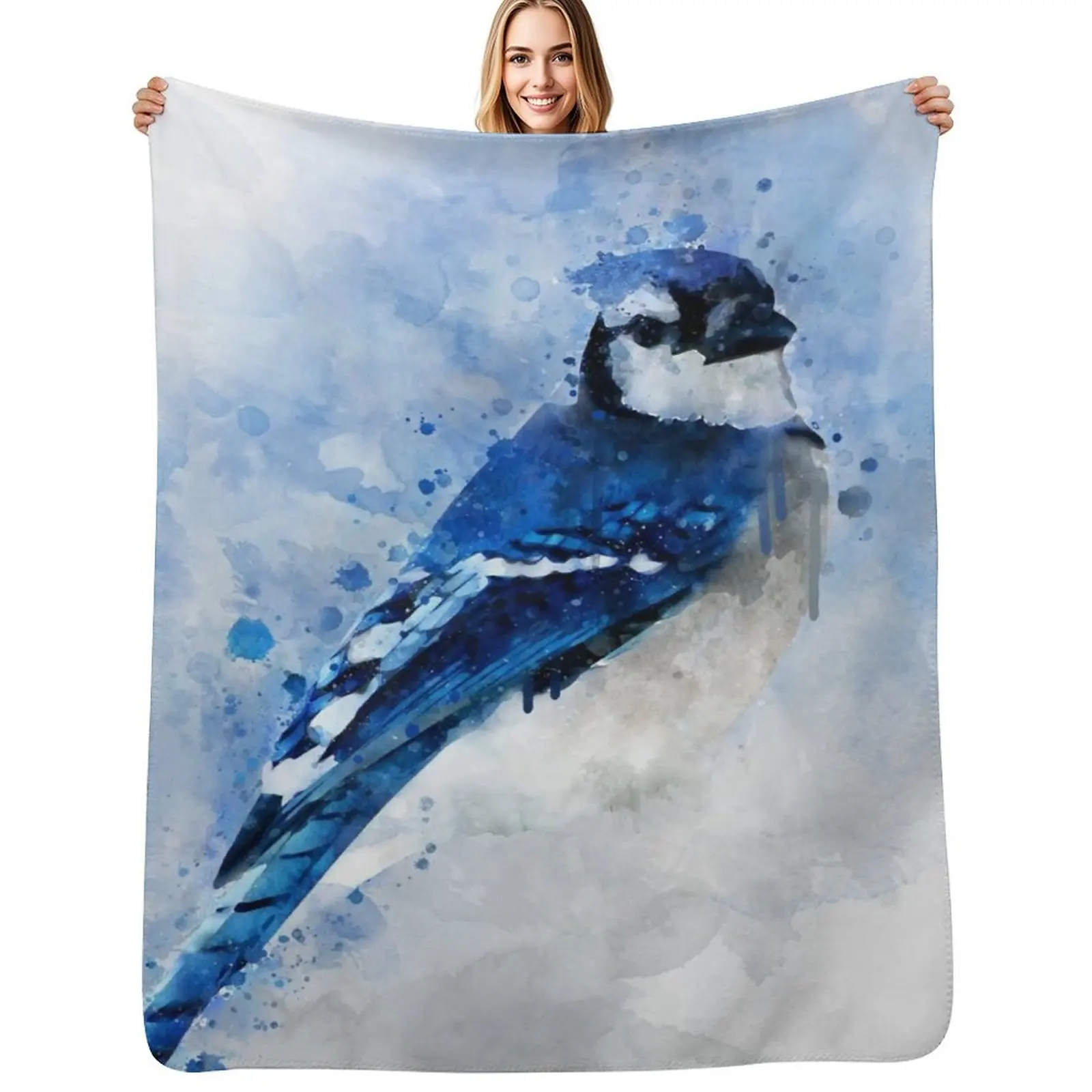 Dramabite Watercolour blue jay bird artistic artsy animal painting Throw Blanket Decorative Throw Shaggy wednesday Blankets