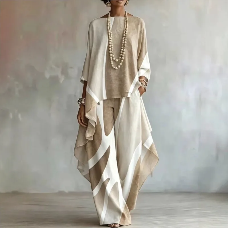 Elegant O Neck Color Blocking Irregular Top Wide Leg Pants 2 Piece Women's Casual Fashion Seven-quarter Sleeve Vacation Outfit