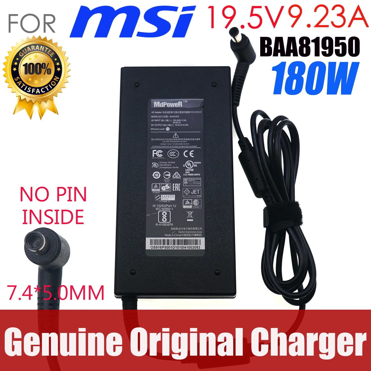 

Genuine DARFON 19.5V 9.23A 180W BAA81950 ADP-180MB K AC Adapter For MSI GL63 GE75 GE63 GL73 GP63 GF65 8RE MS179E Power Supply