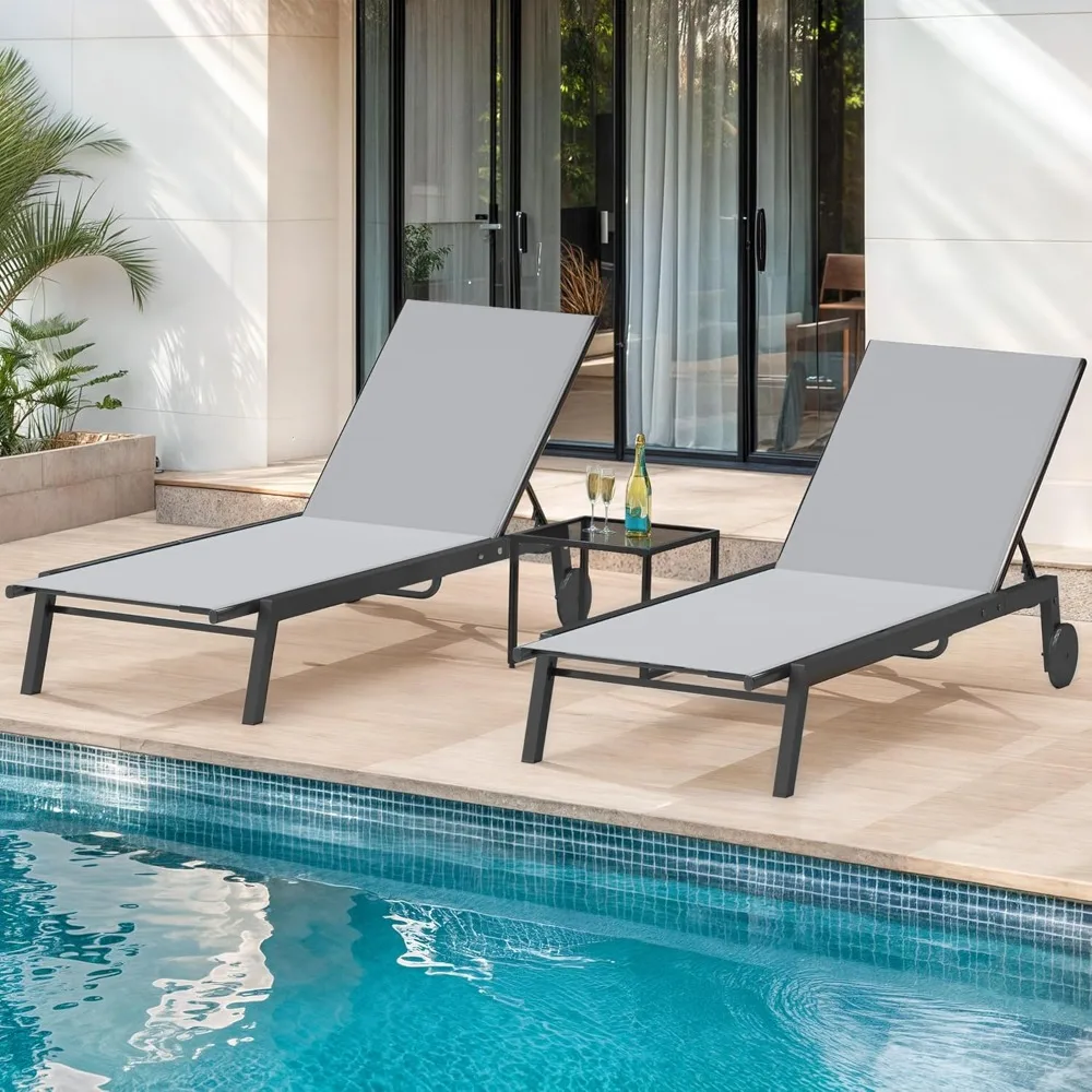 

Outdoor Chaise Lounge Set, 2 Patio Chaise Lounge Chairs with Side Table, Textile Pool Loungers with 5-Level Backrest and Wheels
