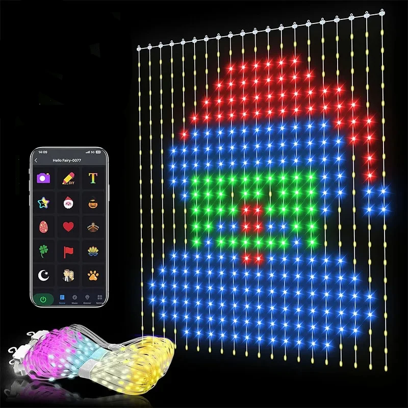 Smart Curtain Lights Bluetooth App Control RGB LED String Waterproof Fairy Light USB DIY Text Pattern Display Party Room Decor