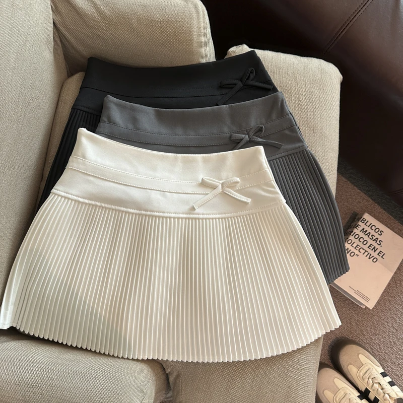

Милая белая мини-юбка с бантом для женщин, черная плиссированная юбка в стиле Харадзюку, летняя женская модная корейская юбка А-силуэта с высокой талией