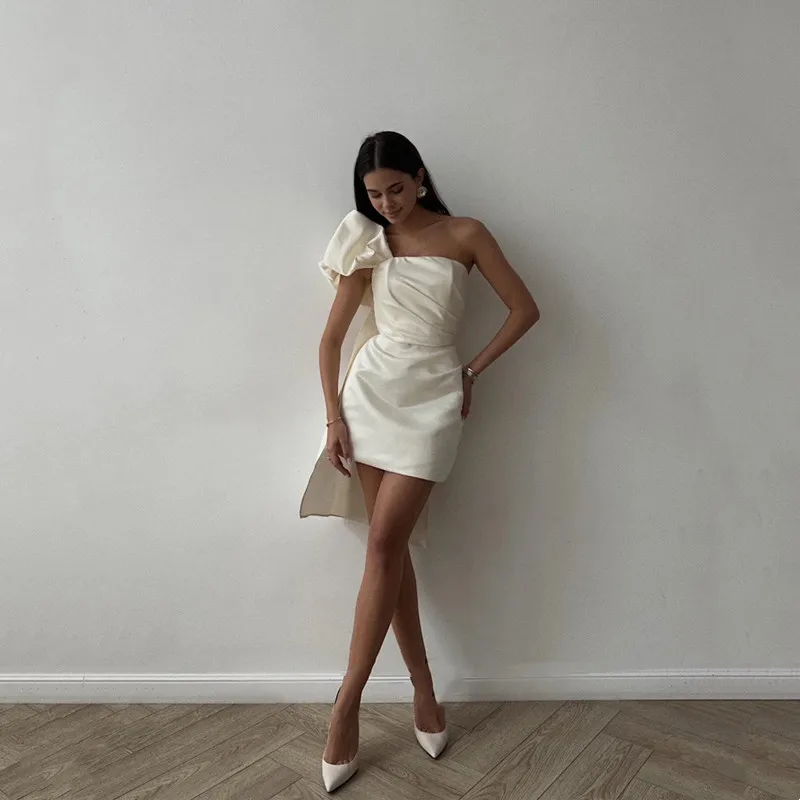 

Love Simple Short One Shoulder Pleated Stain Wedding Dresses Elegant Mini Sleeveless Sexy Above Knee Backless Zipper Customized