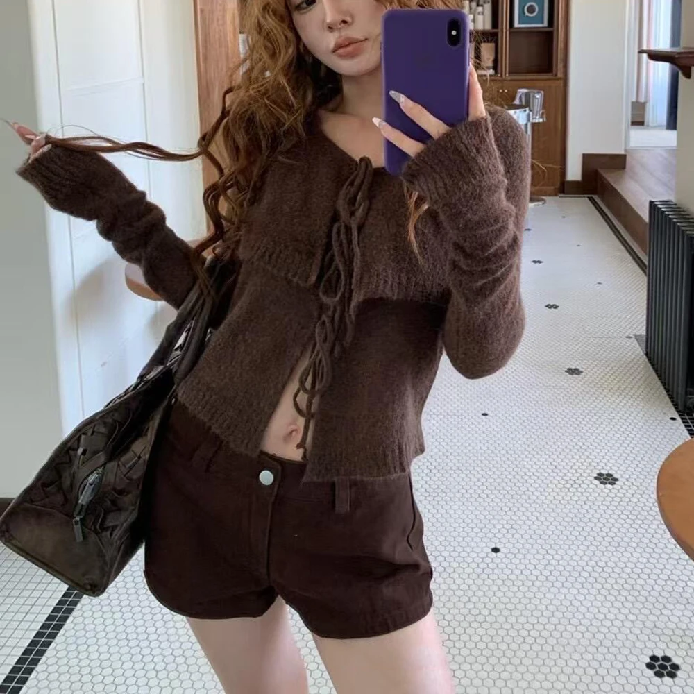 

Женский кардиган из смеси шерсти, двухсекционный дизайн в стиле Y2K, слегка прозрачный элегантный вязаный топ с длинными рукавами, осень 2023, новинка