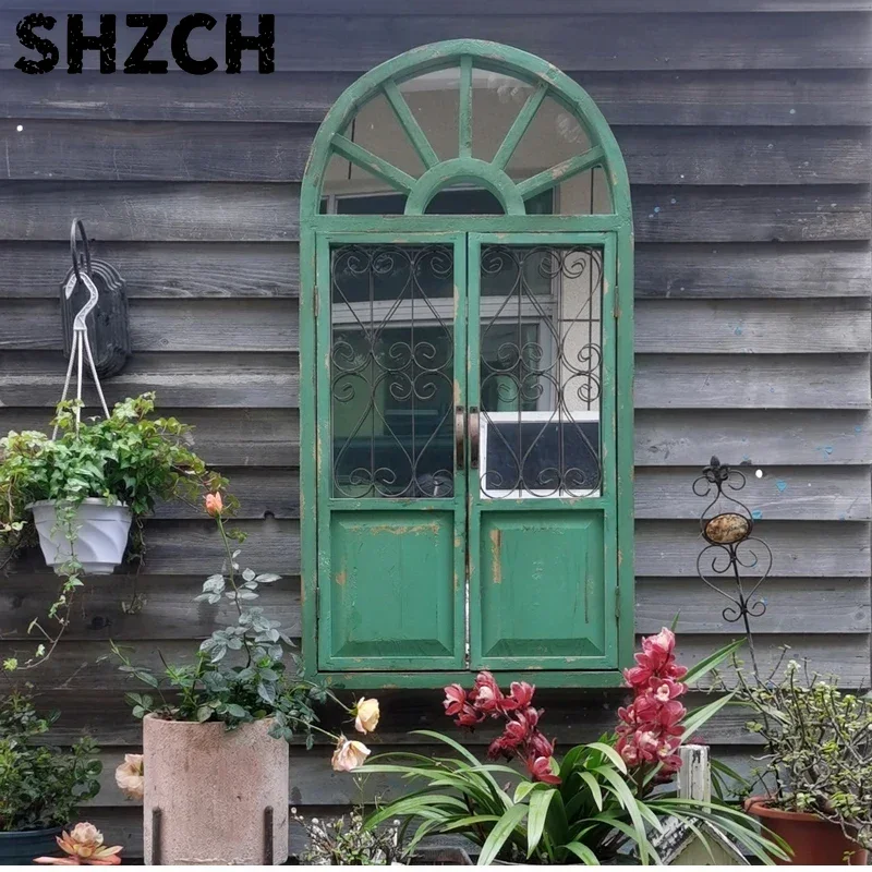 ‌Vintage Distressed Wooden Window Mirror - Rustic Green Wall Decor, Farmhouse Garden Hanging, Antique Style Home Ornament