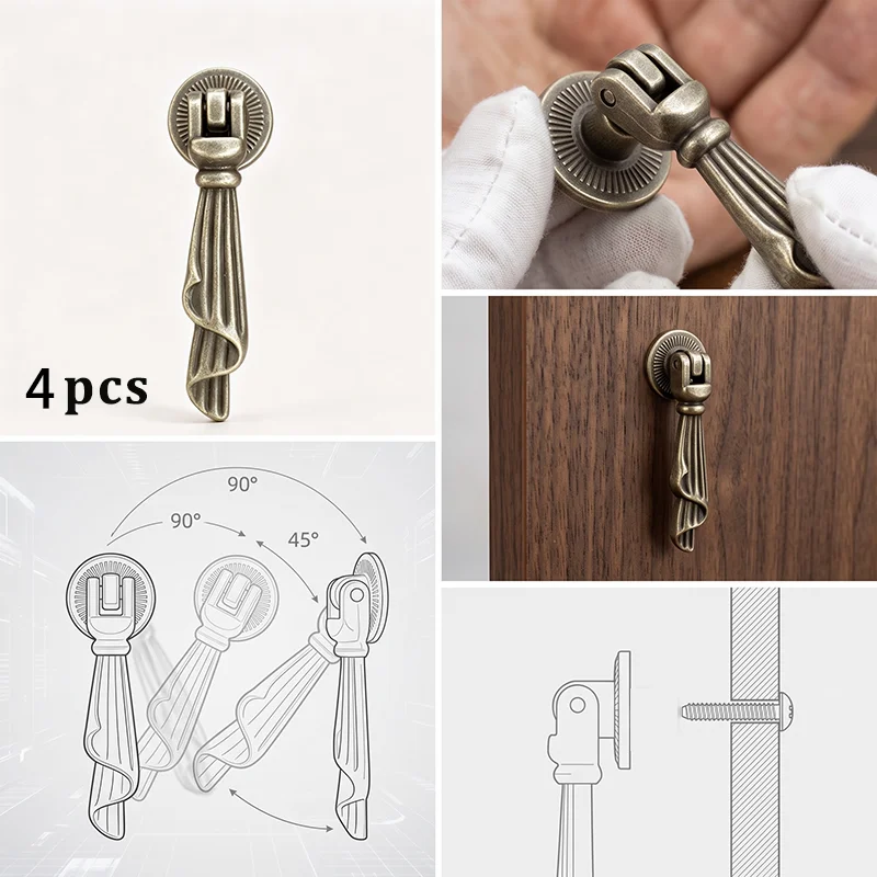 Zinc Alloy Vintage Rotatable Tassel Drop Pulls,4Pcs With Mounting Screws,Antique Bronze Cabinet Handle for Drawer Wardrobe Jewel