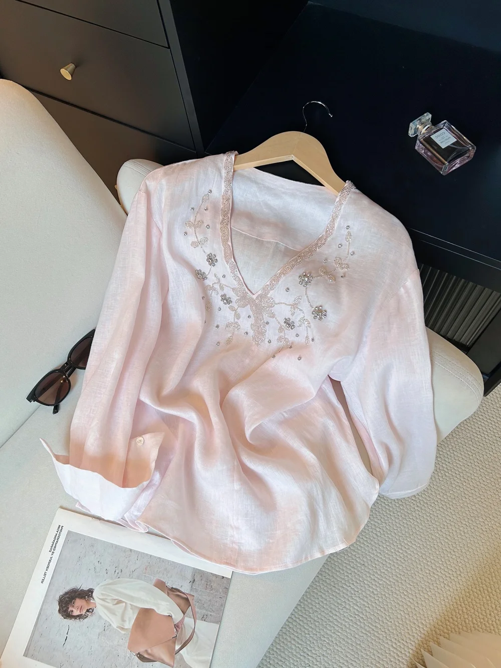 

Сладкий розовый V-Ne вышитый длинный свек Свободный тонкий повседневный женский модный осенний топ с бусинами для мужчин и...