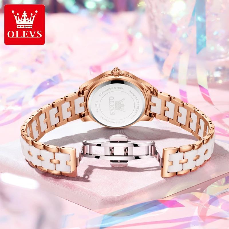 OLEVS Women Watch Luxury Butterfly Diamond Rose Gold Ceramics Steel Watches Quartz Waterproof Luminous Ladies Wristwatches