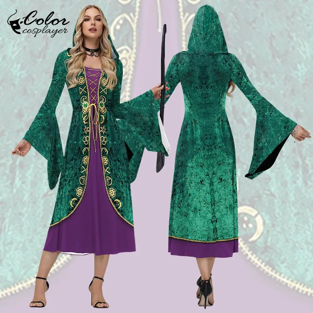 

Color Cosplayer Green Medieval Hooded Dress Gothic Vintage Court Dress Halloween Movie Witch Cosplay Costume Vampire Gown