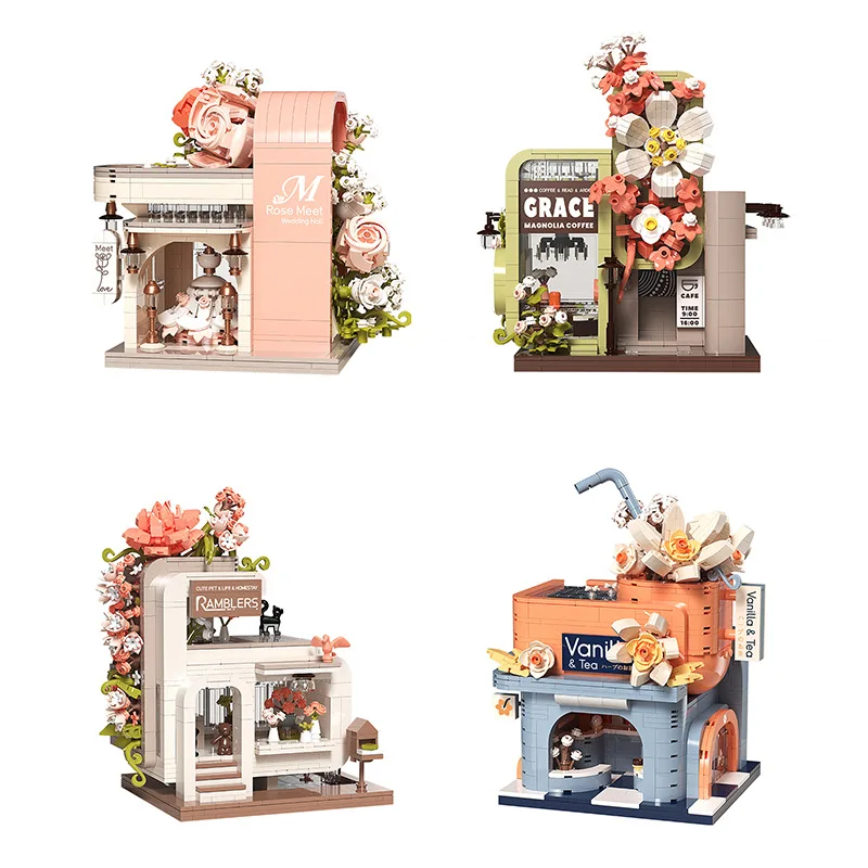 Creative Street View Mini Block Streetscape Flower Romantic Hotel Milktea Coffee Bridal Shop Building Brick Toys For Gifts