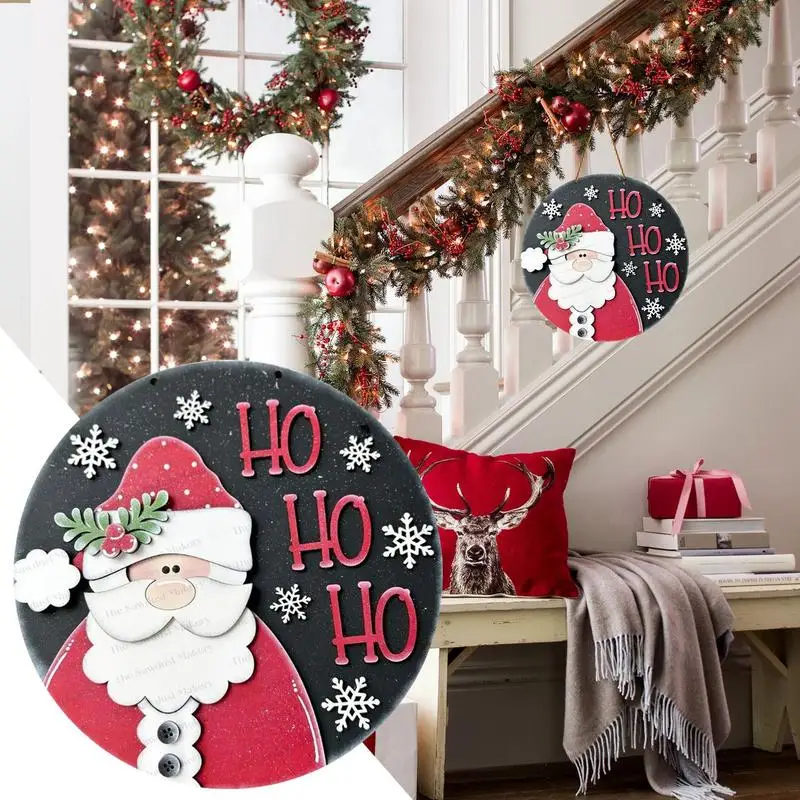 Wooden Santa Sign Wood Christmas Wreath Door Sign 12x12 Inches Retro Santa Claus Door Decorations For Kitchen Bar Cafe Winter