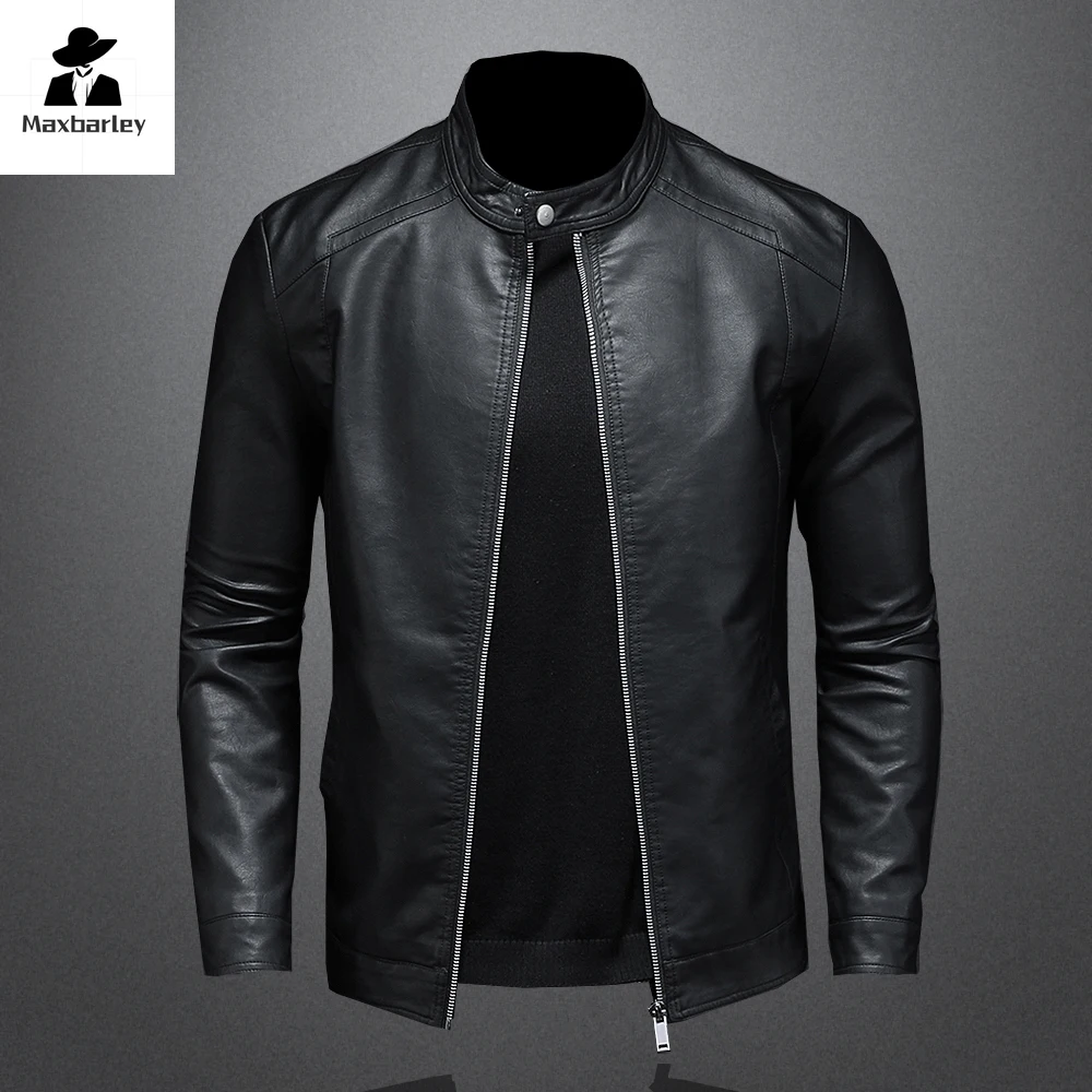 Chaqueta de cuero sintético para hombre, abrigo ajustado con cuello levantado, informal, para motocicleta, primavera y otoño