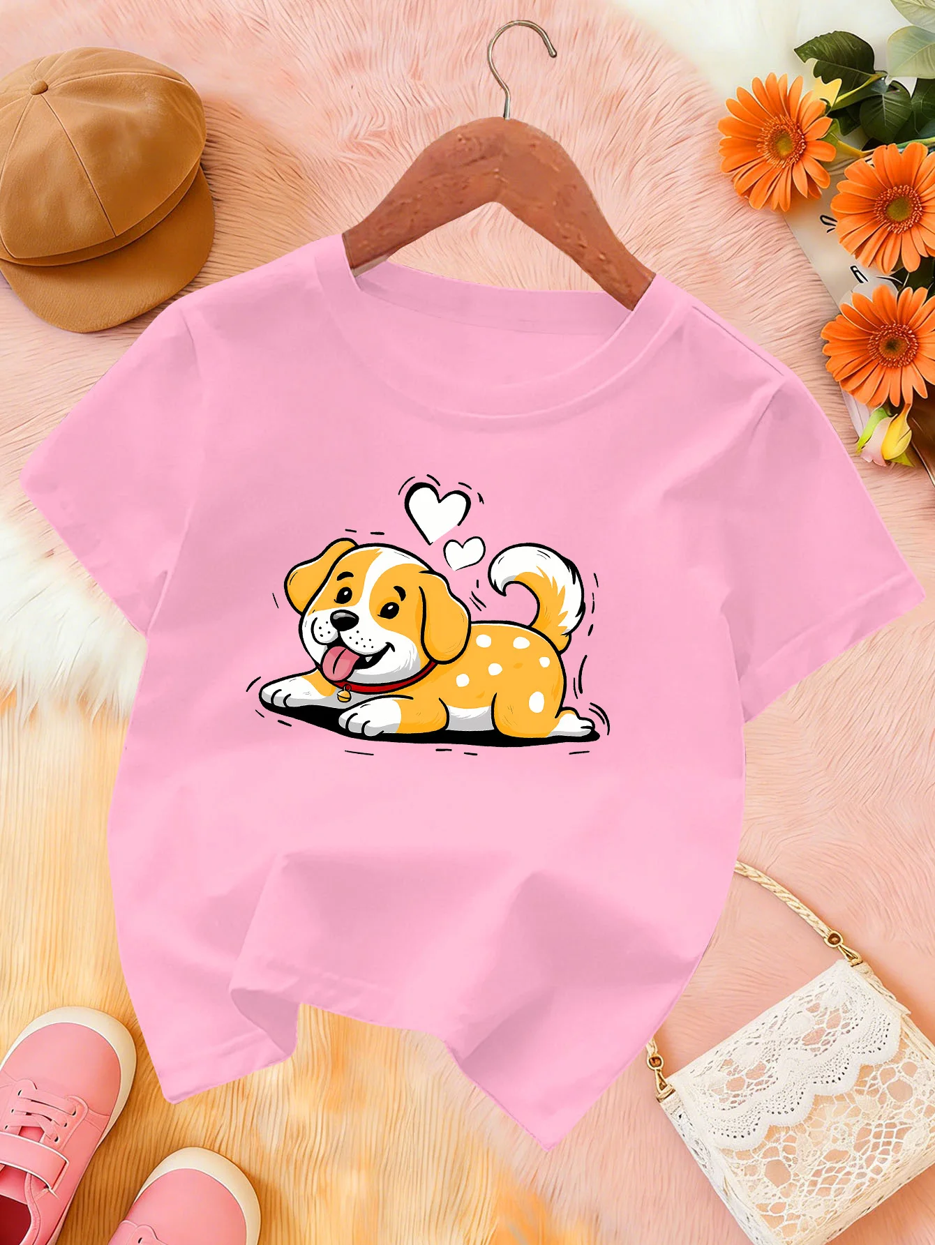 Lovely Puppy Heart Print Kids Tee Boys Girls Family Match Cotton Crew Neck Short Sleeve Soft Summer Daily Wear For Tiny Toddlers