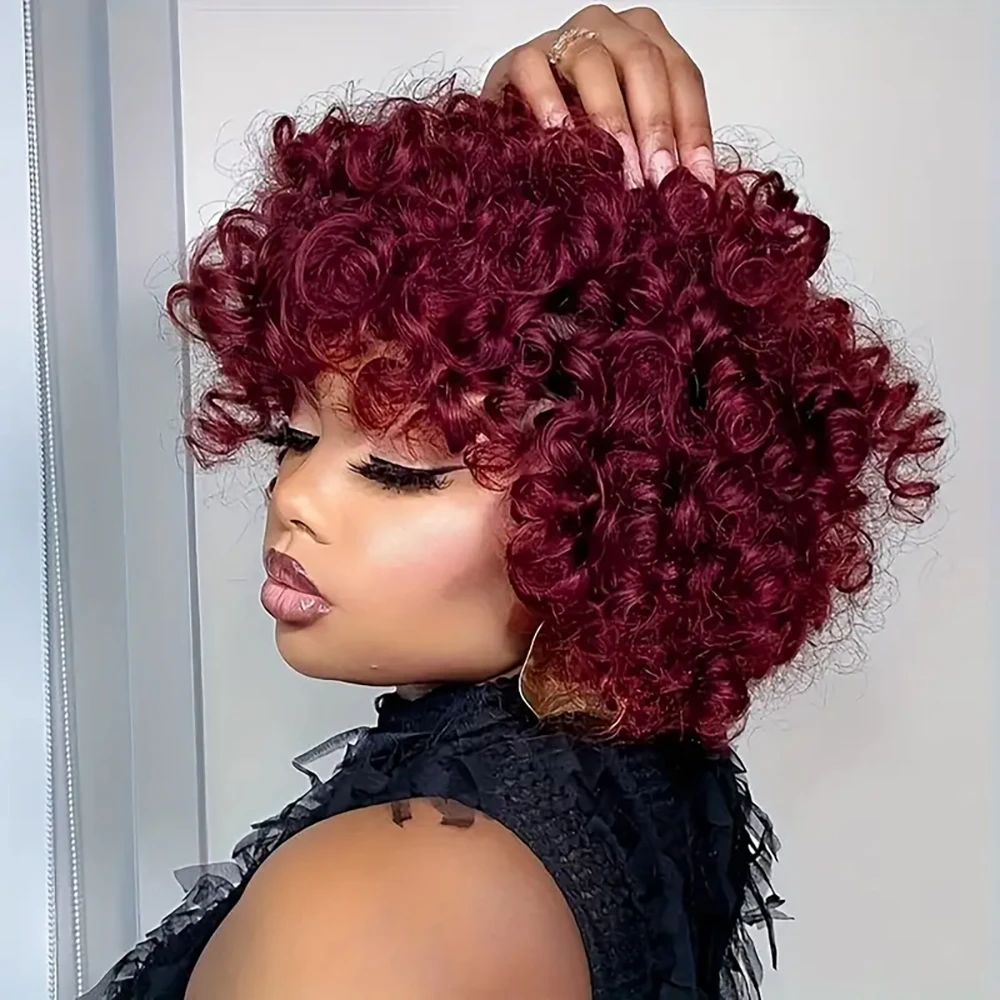 Бразильский афро пышный парик Пикси Боб 99J, полностью машинное производство, предварительно выщипанная челка, 100% человеческие волосы для чернокожих женщин