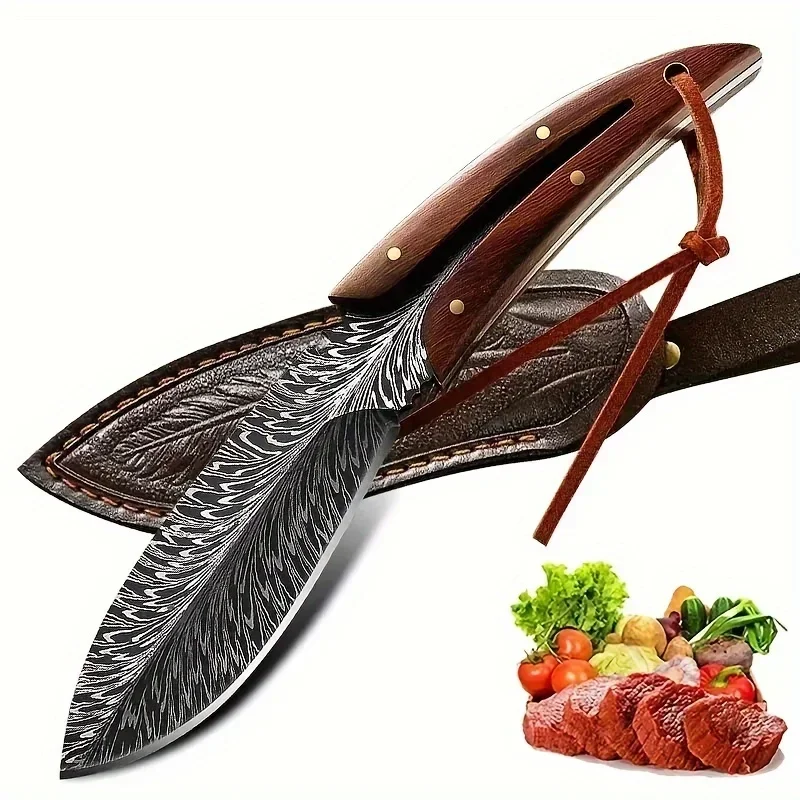 

Stainless Steel Kitchen Knife Set: Boning Knife Vegetable Chopper Fruit Peeler with Exquisite Feather Design & Leather Sheath