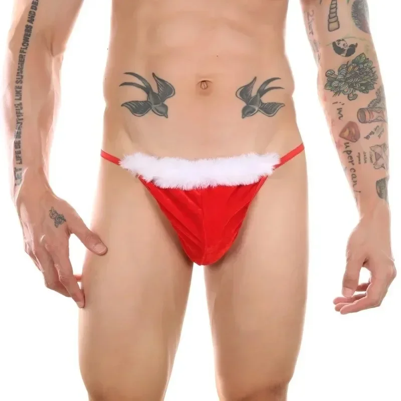 Men Christmas Costume Thong G String Sexy Erotic Underwear Santa Claus Fluff Lingerie Underpants Panties