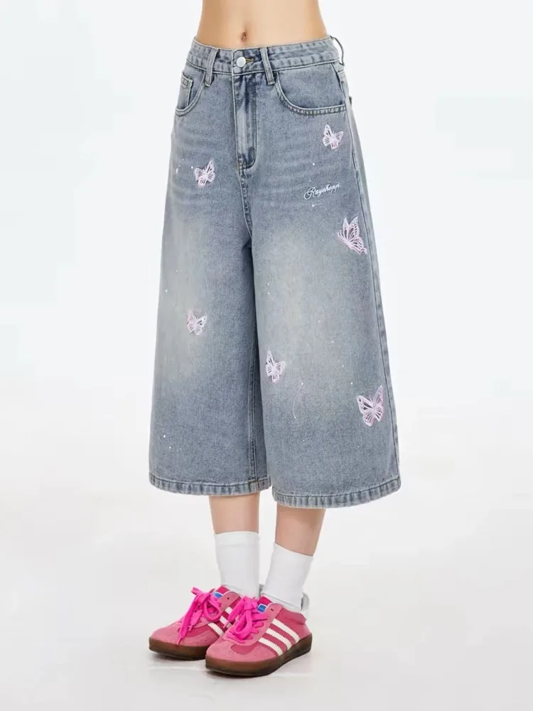 Summer Women's Butterfly Print Wide-leg Denim Shorts Cute Girl Calf-length Pant High Waist Half Trousers Female Retro Streetwear