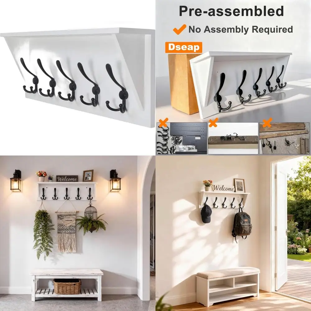 

24 Solid Pine Wood Wall-Mounted Coat Rack with 5 Hooks for Entryway, Mudroom, Kitchen, Bathroom
