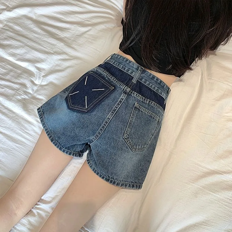 Color Blocking Retro Denim Shorts Women's Summer New High Waisted Baggy Slimming A-line Wide Leg Hot Short Jean Pants Ins Trend