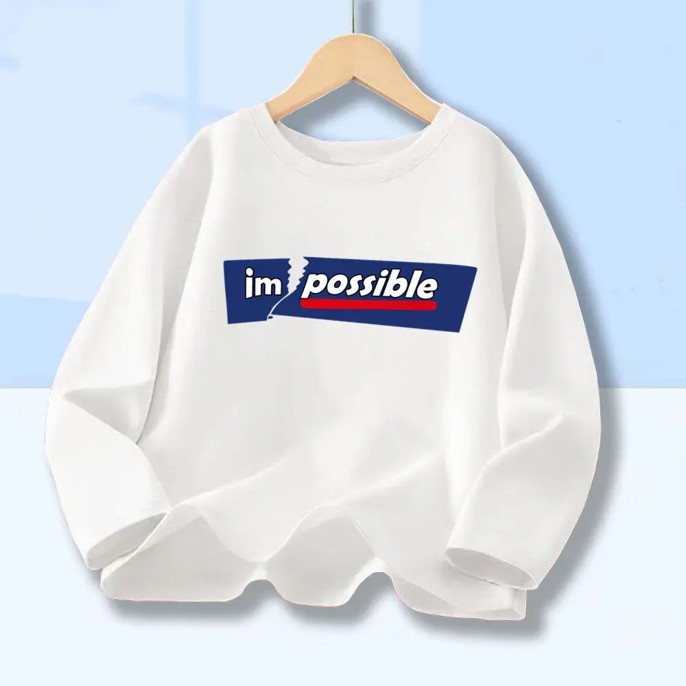 Jungen Frühling Herbst Baumwoll-Langarm-T-Shirt mit „Im Possible“-Schriftzug, lässige Kinder-Tops mit Rundhalsausschnitt